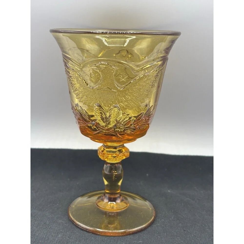 Vintage L E Smith amber glass American Eagle Goblet Bicentennial Americana MCM